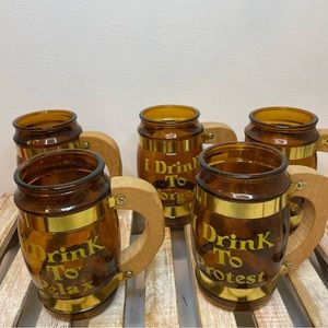 Vintage Siesta ware “I Drink To…” set of 5 wood handle beer mugs